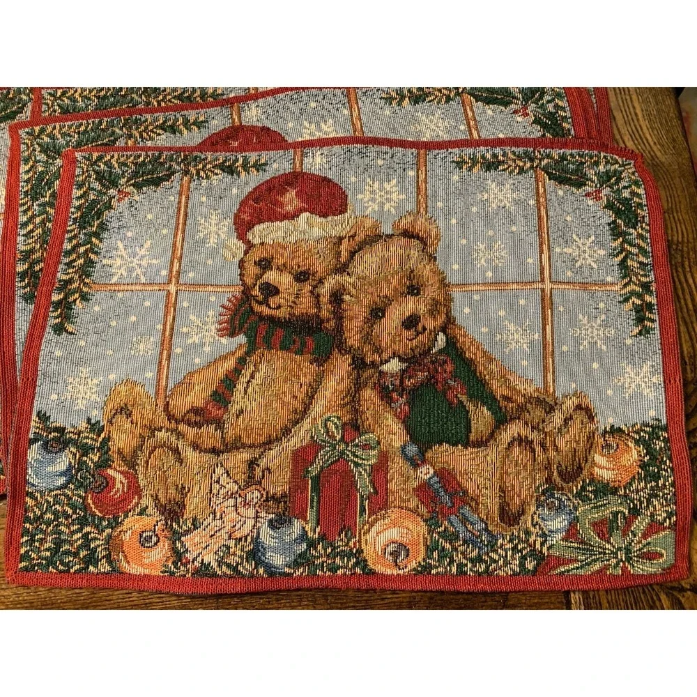 Vintage Teddy Bear Placemats 18x12 In Tapestry Set of 8 Christmas Kitchen Decor